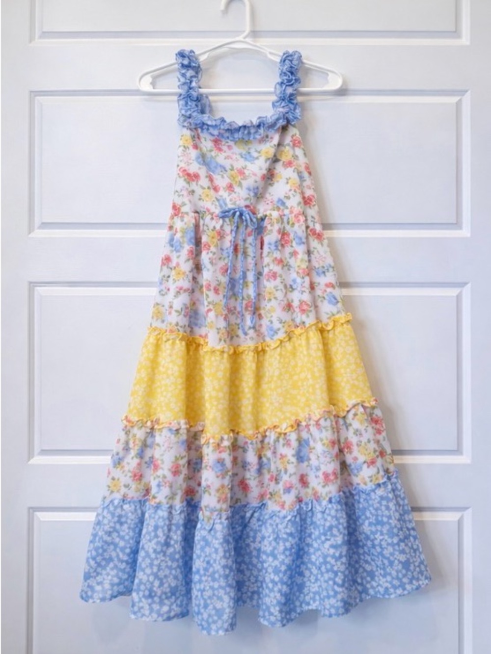 Jona Michelle Pastel Floral Tiered Dress with Blue Ruffle Straps